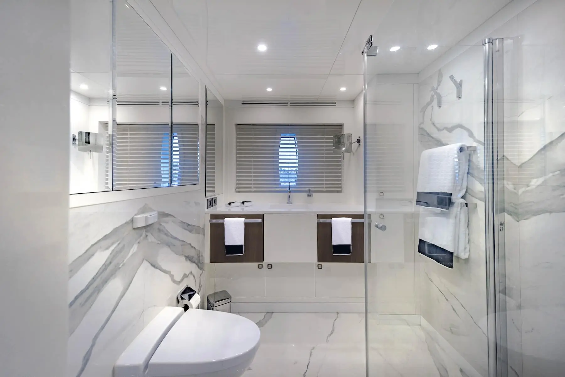 Skyfall 177 yacht luxury bathroom with marble flooring and modern fixtures