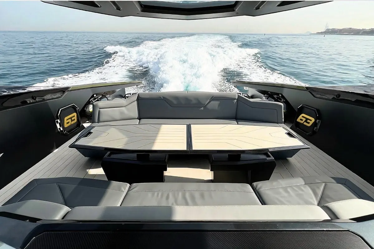 Tecnomar Lamborghini 63 cockpit dinette underway in Dubai waters