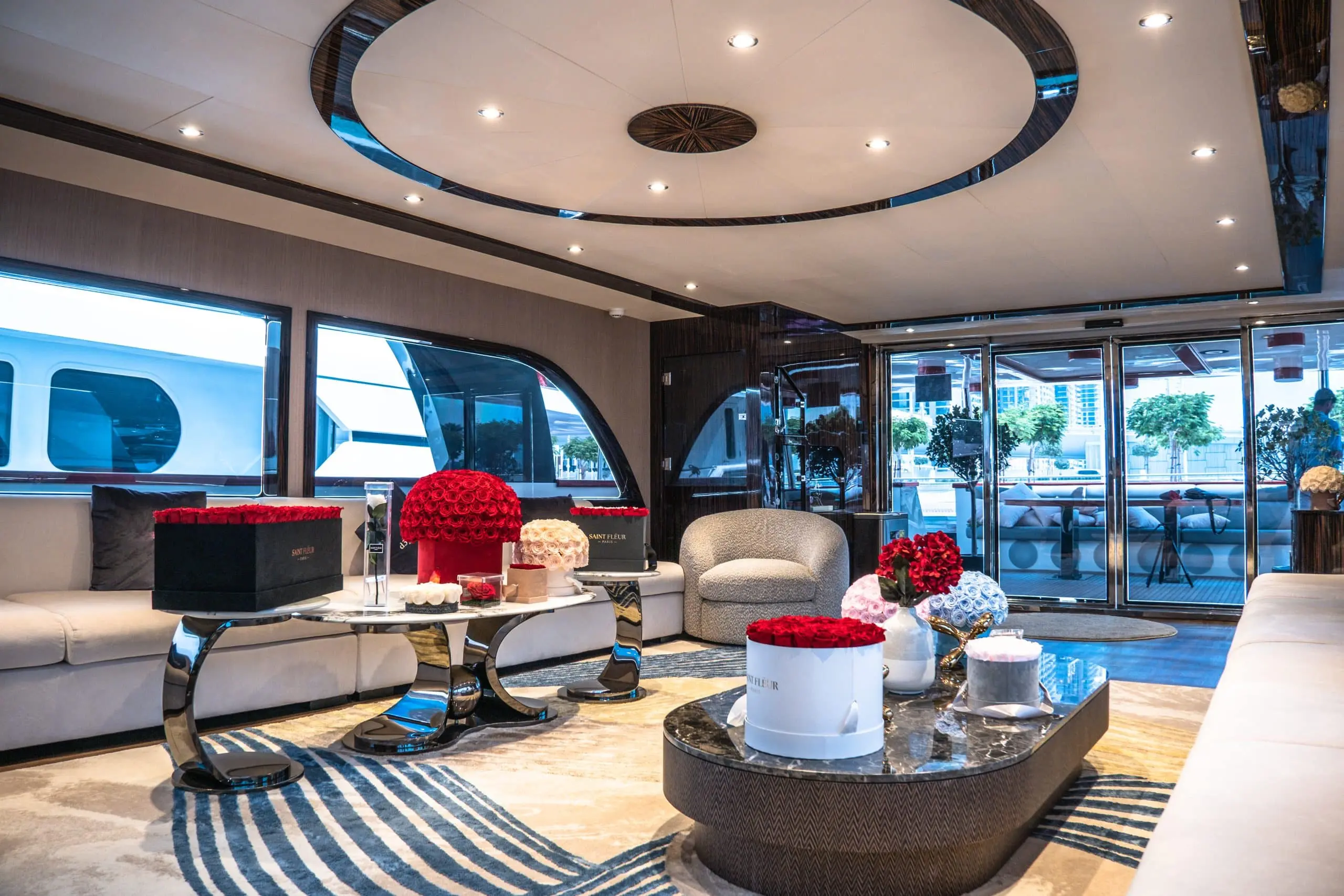 Modern seating area inside Sapphire 150 Yacht Dubai Marina