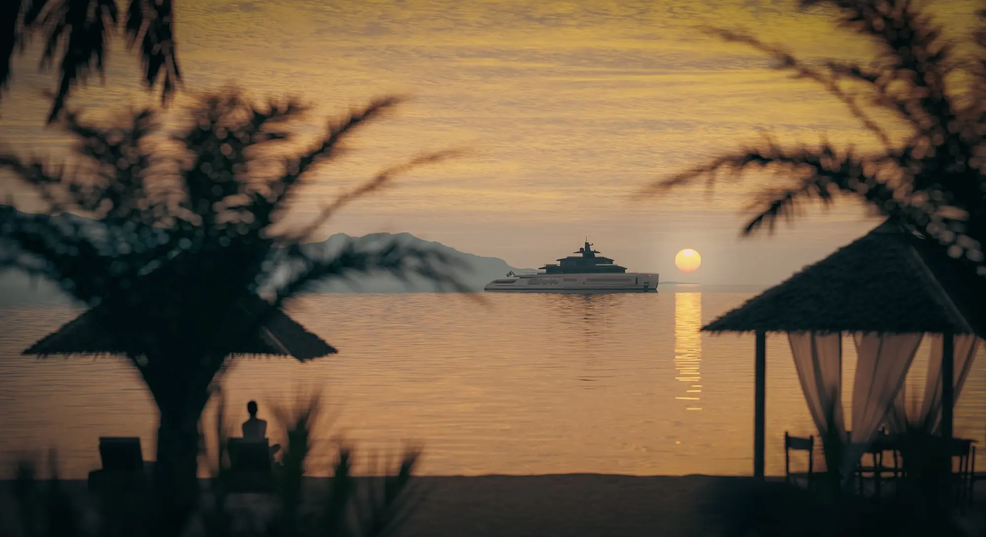 Benetti B.Yond 57M at sunset seen from the beach club, press rendering