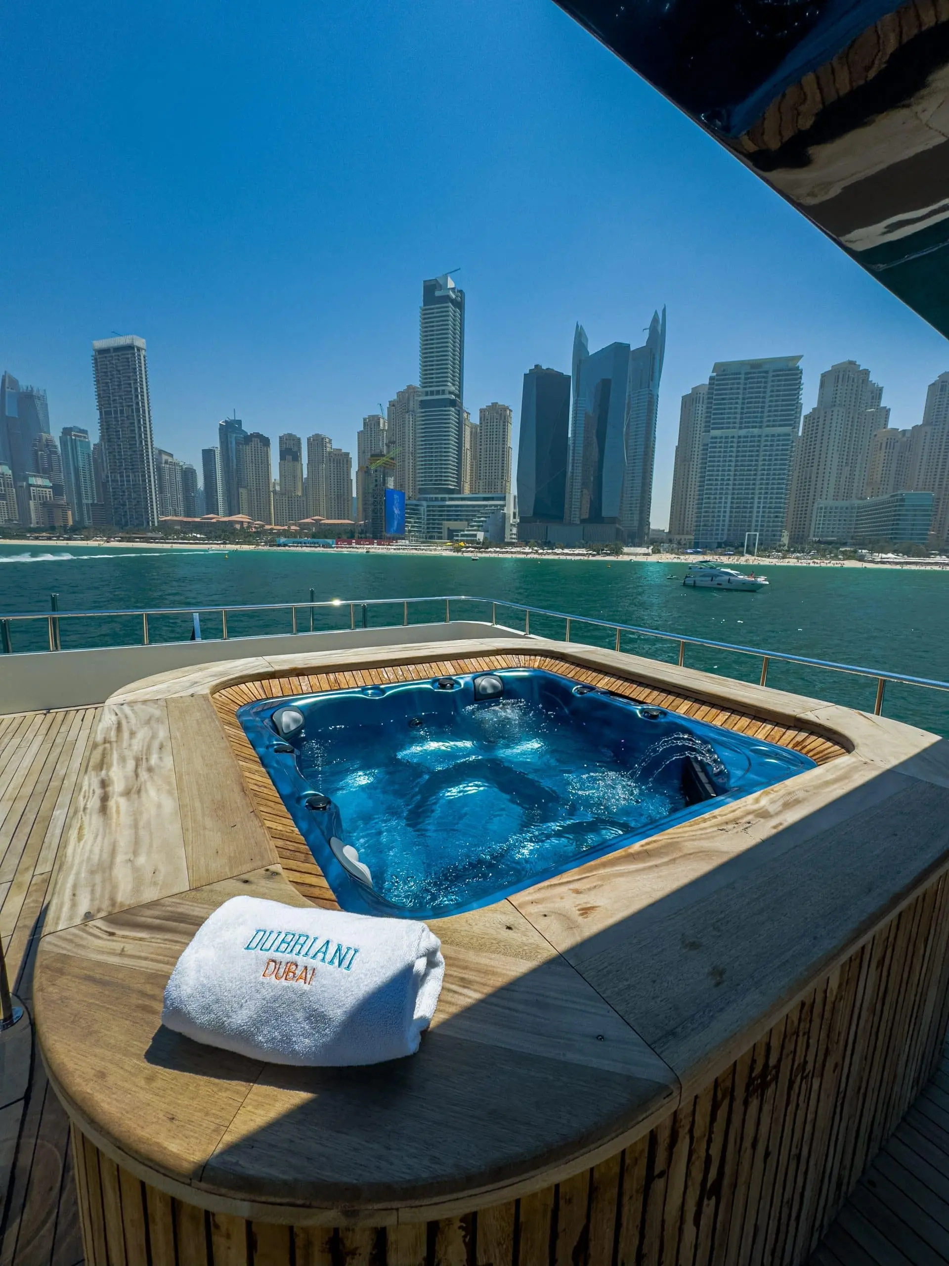 Jacuzzi on Sapphire 150 Yacht with Dubai skyline backdrop