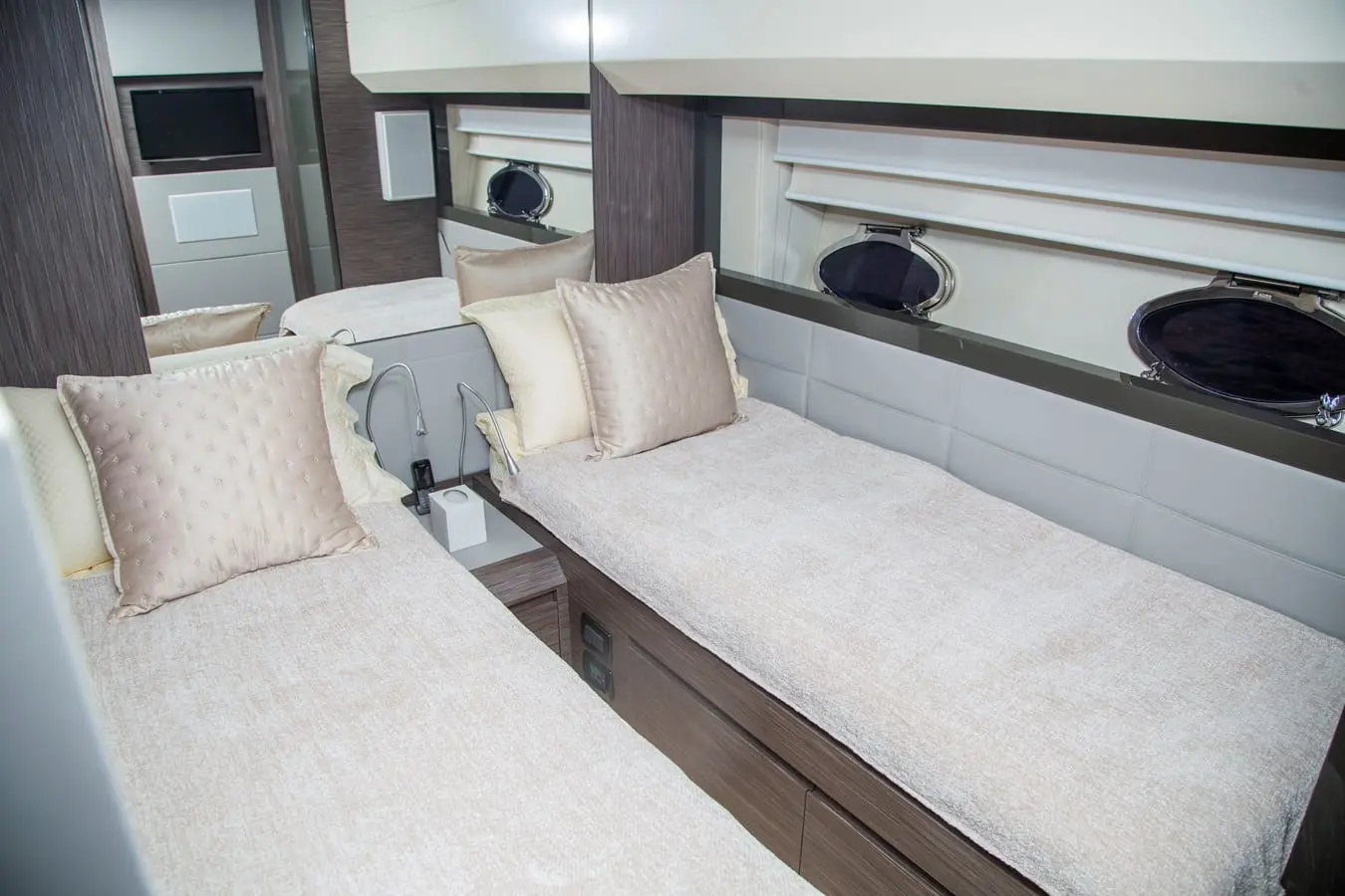 Pershing 82 twin guest cabin with a pair of single berths
