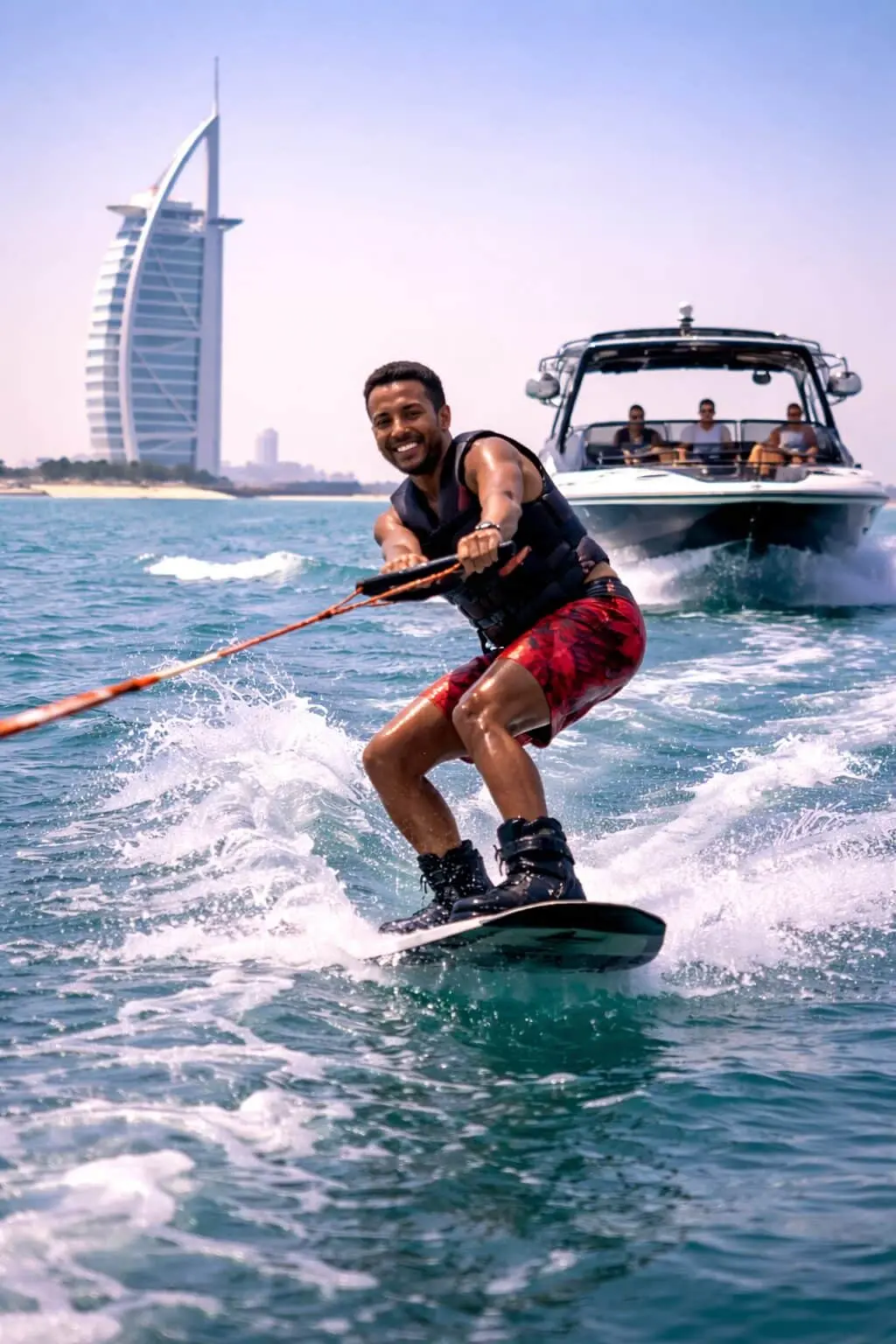 Man wakesurfing behind a boat on the waters of Dubai