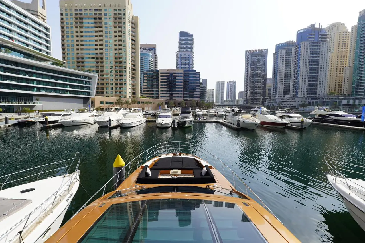 View from the deck of Azimut 77 yacht overlooking Dubai Marina skyline