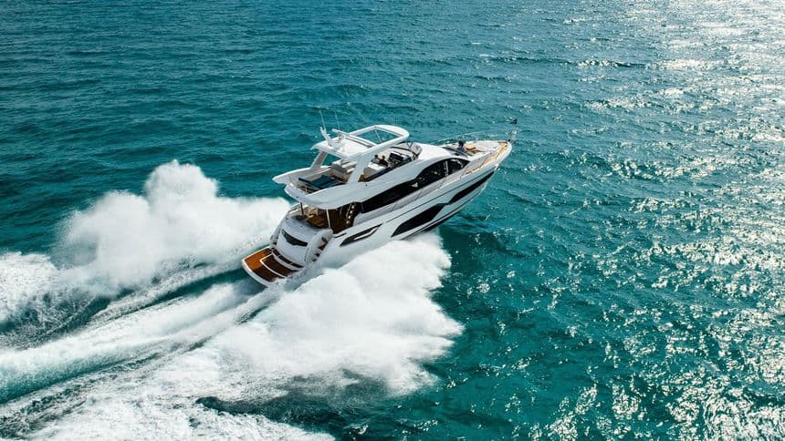 Sunseeker Manhattan 68 stern running shot in open water — shipyard photo