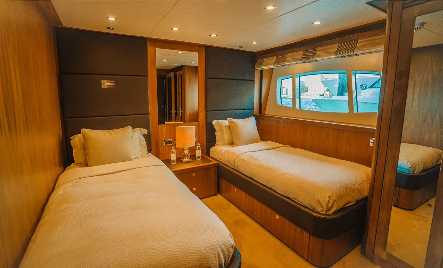 Sunseeker 40M twin guest cabin with wide rectangular hull window