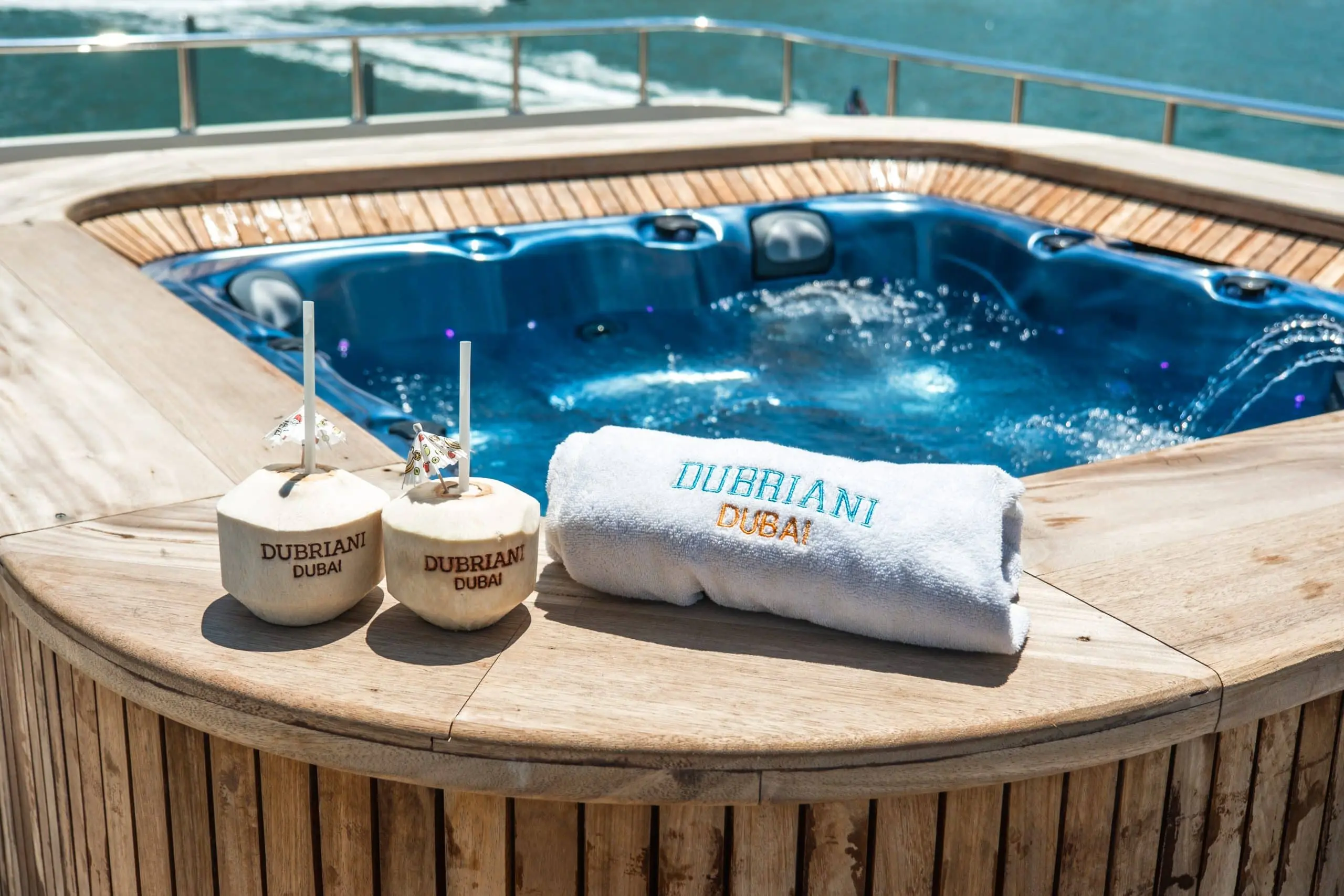 Jacuzzi with branded towel on Sapphire 150 Yacht Dubai