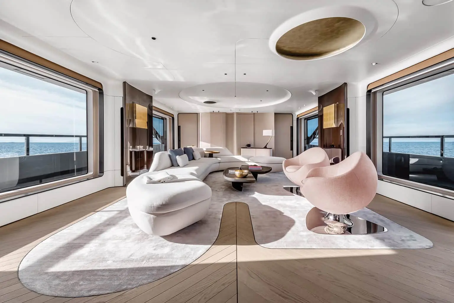 Grande Trideck main saloon with panoramic glazing, shipyard