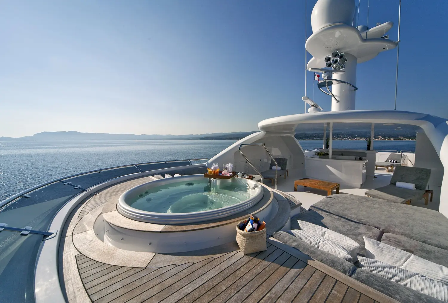 Athena 170 yacht sun deck jacuzzi with panoramic ocean views