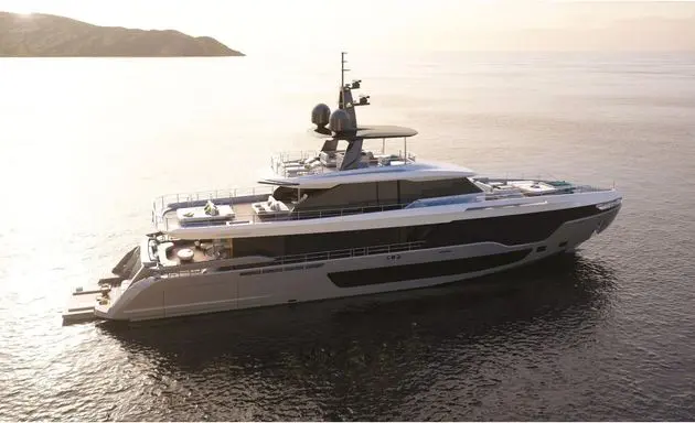 Azimut Grande 36M stern quarter at sunset, shipyard rendering