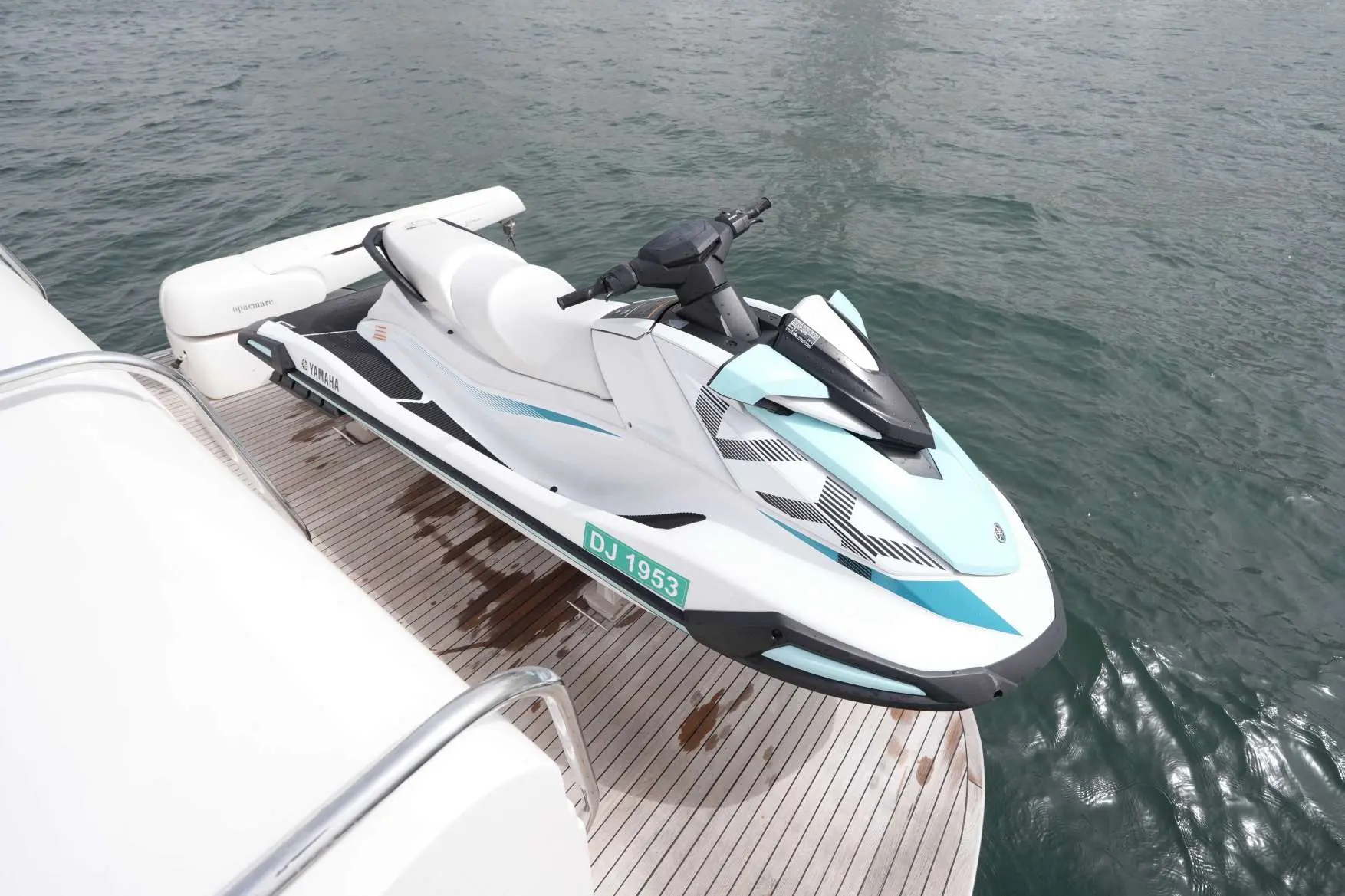 Belle 75 yacht jet ski on swim platform Dubai