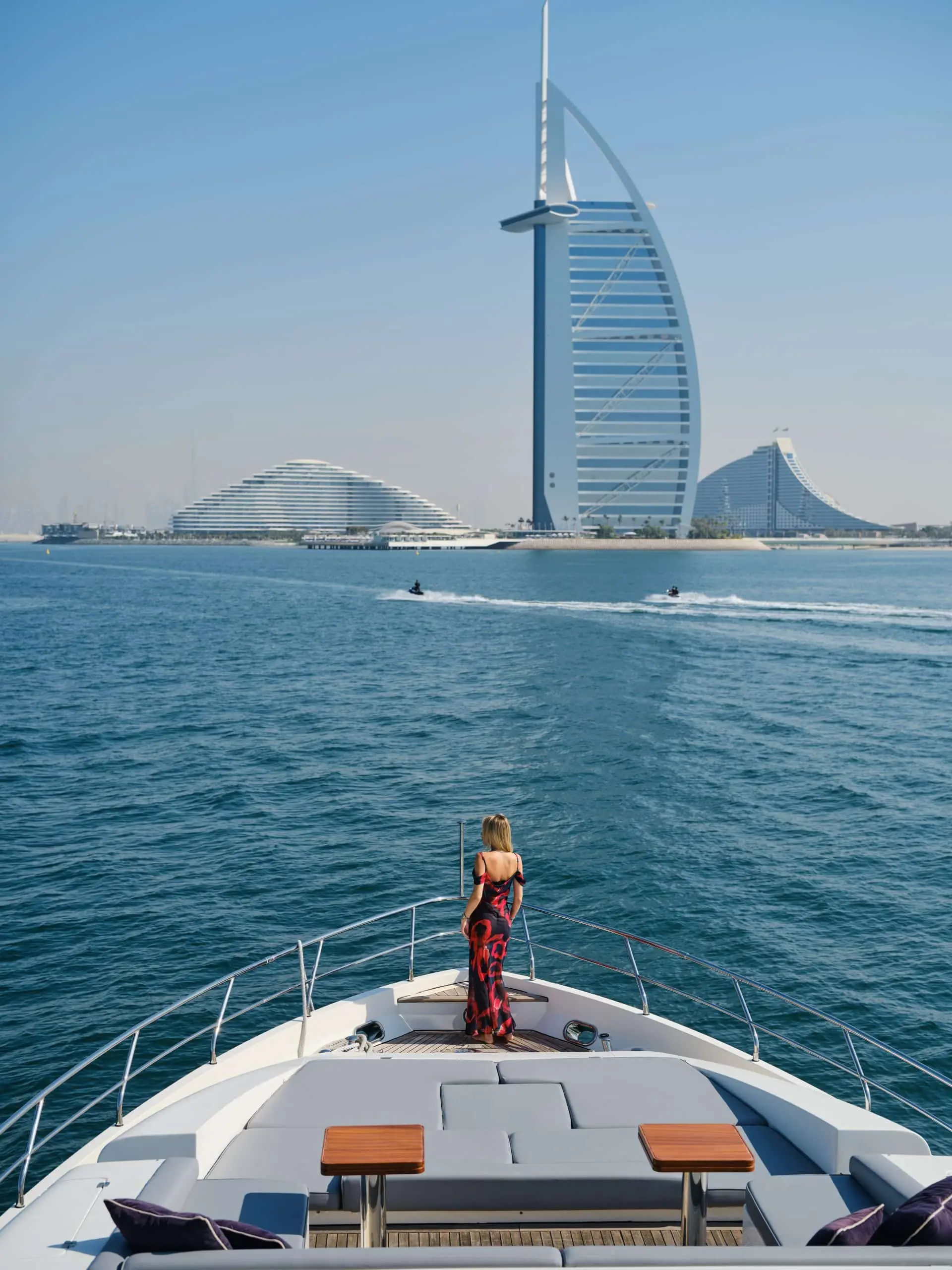 Bow view from Azimut 88 yacht with Burj Al Arab skyline