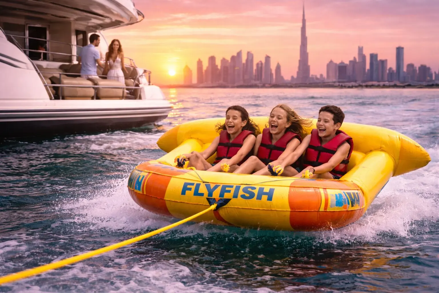 Tourists enjoying fly fish water sport ride near Burj Al Arab in Dubai