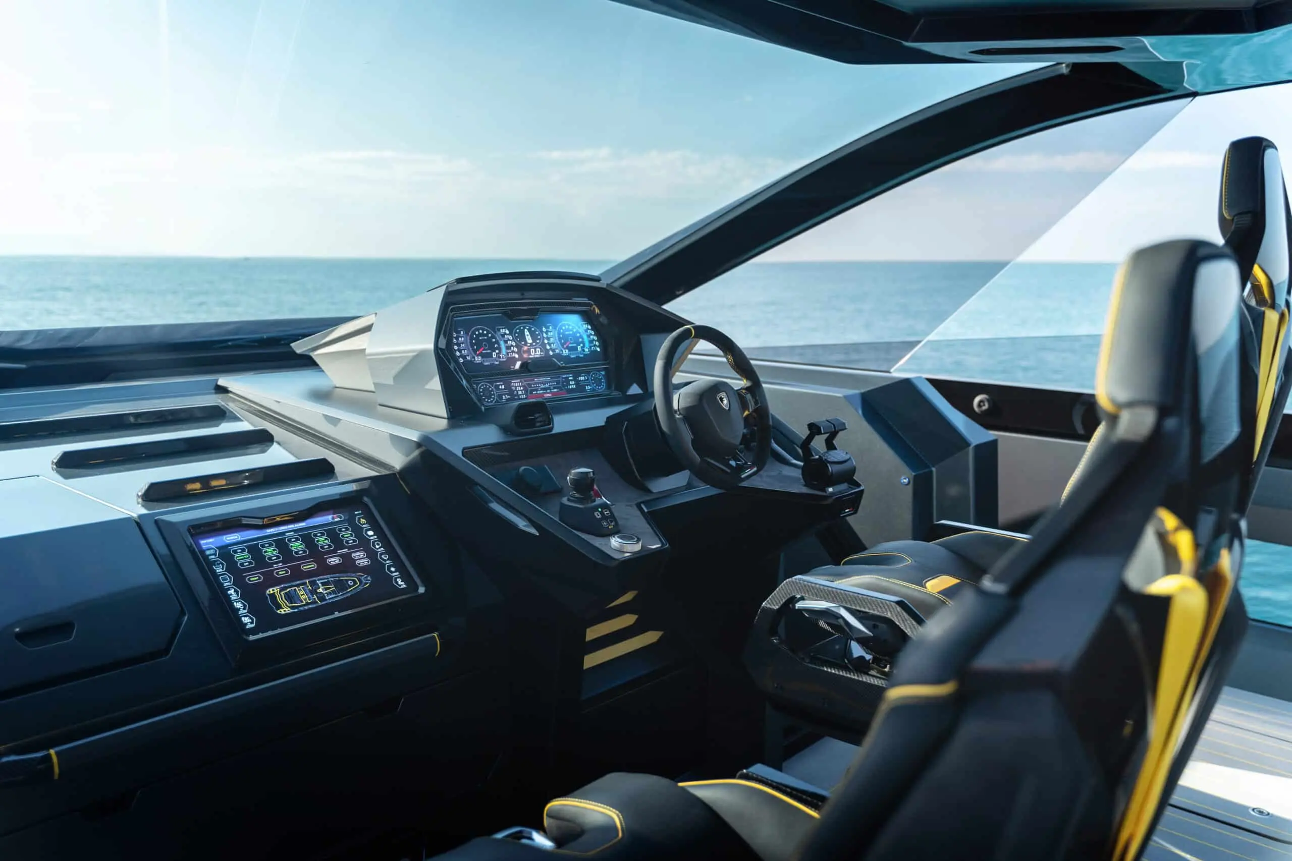 Tecnomar Lamborghini 63 helm station and dashboard, shipyard photo
