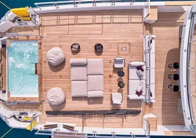 Sanlorenzo 500EXP pool deck and lounge from above, broker photo