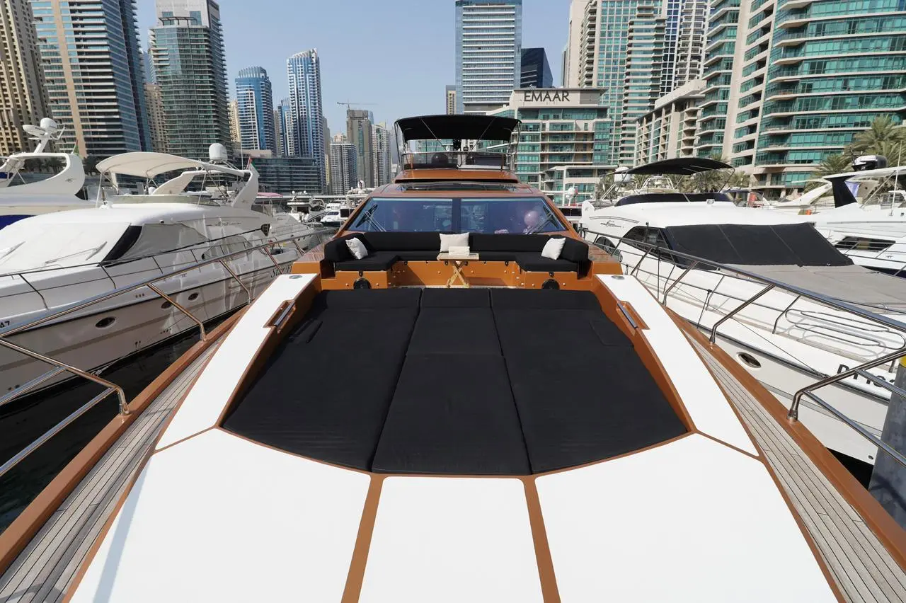 Azimut 77 yacht front sunbed area docked at Dubai Marina