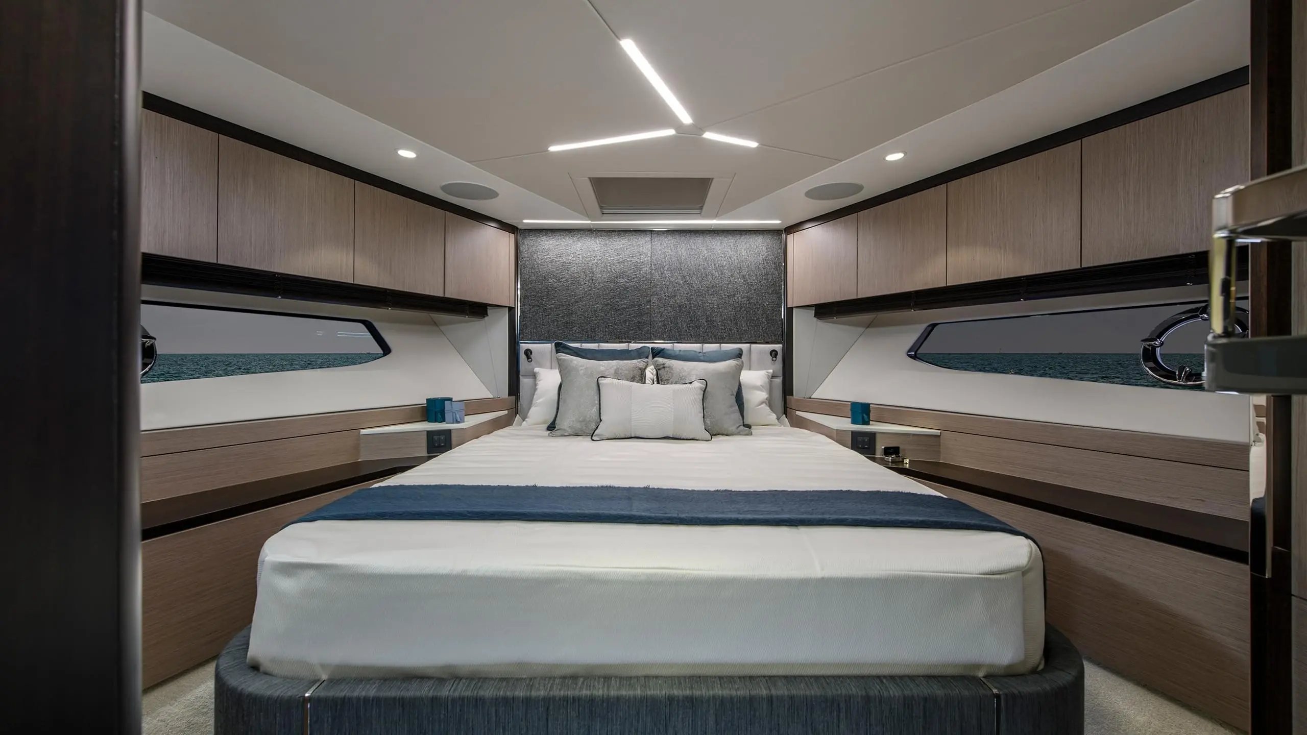 Sunseeker Manhattan 68 master cabin, headboard view — shipyard photo