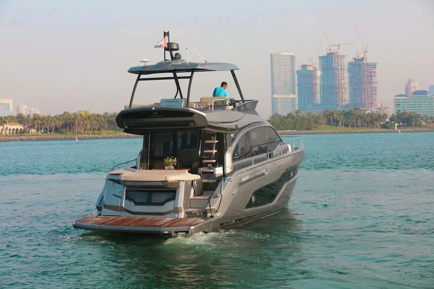 Cranchi 52 Evoluzione stern quarter at anchor, swim platform