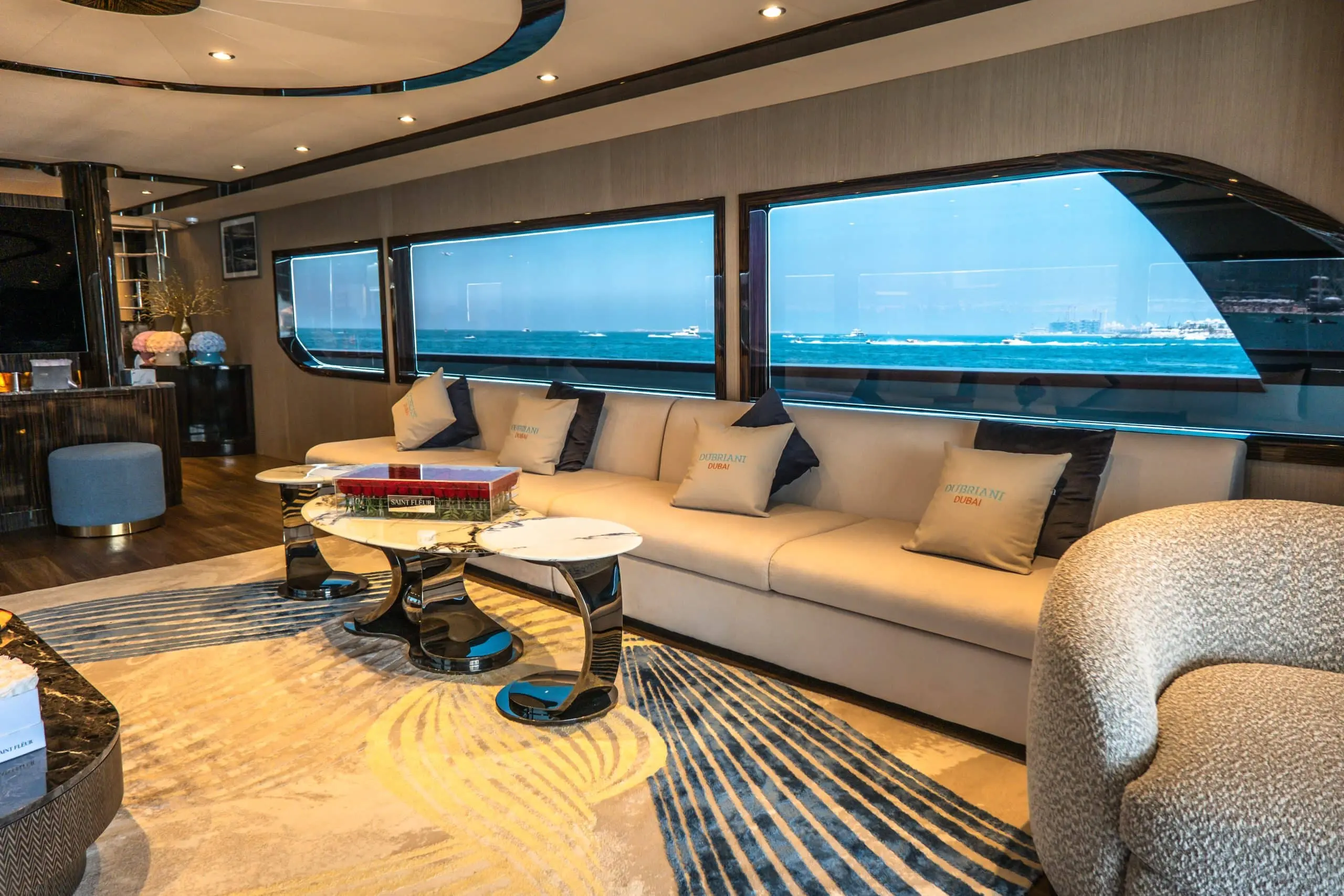 Panoramic window lounge on Sapphire 150 Yacht rental Dubai