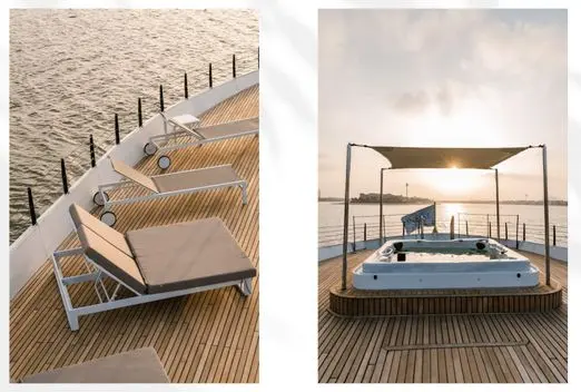 Finesse yacht poolside loungers with shaded umbrellas