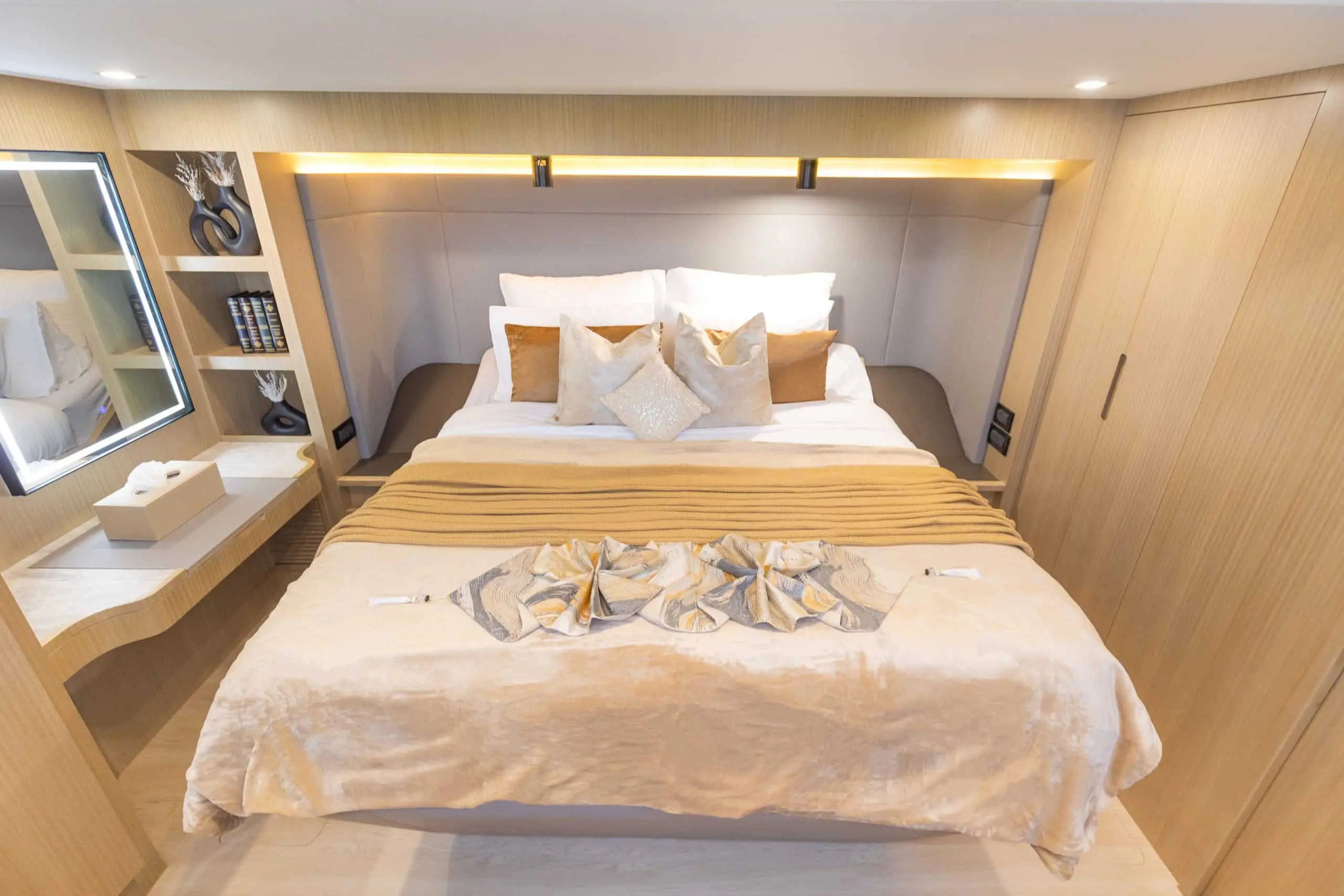 Zirve 72 yacht master cabin with double bed and modern ambient lighting