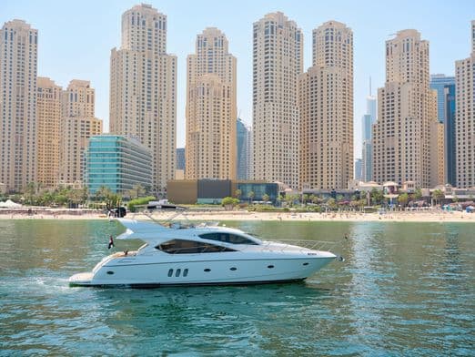 Luxury Sunseeker yacht exterior cruising in Abu Dhabi waters during Formula 1 weekend