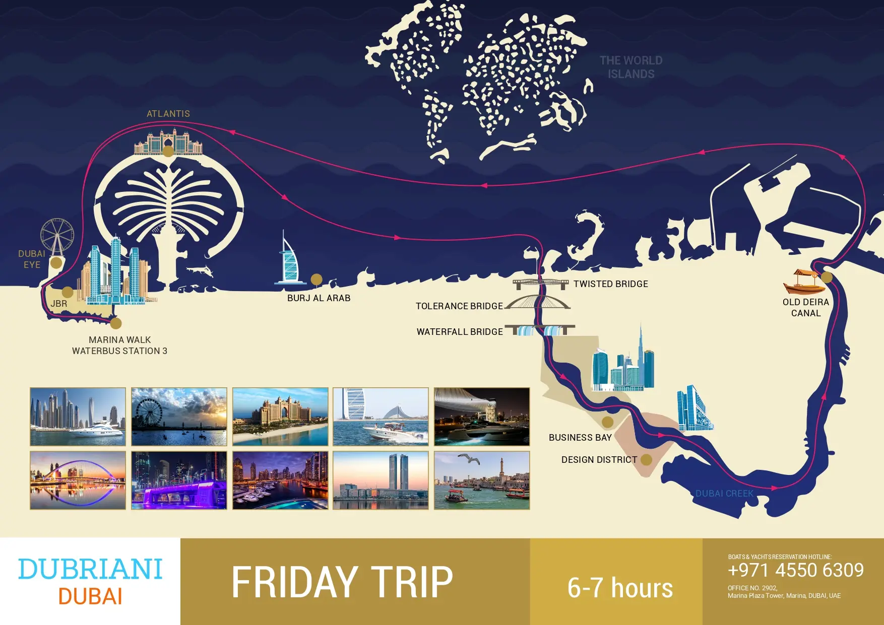 Illustrated route map of the 6-7 hour Friday Trip cruise from Dubai Marina to Old Deira Canal