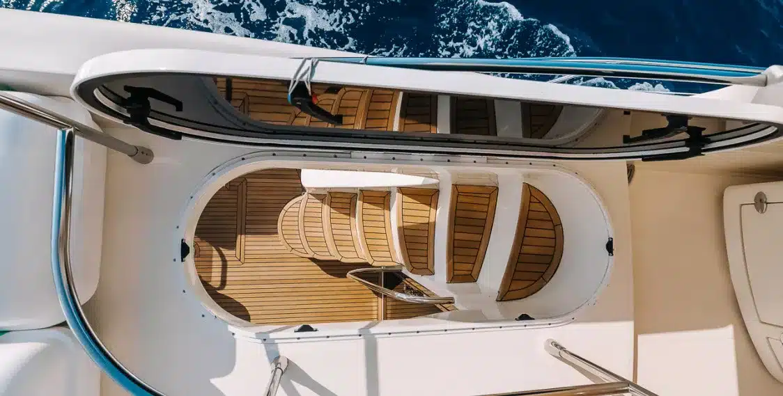 Bliss 55 yacht teak deck staircase and boarding hatch from above