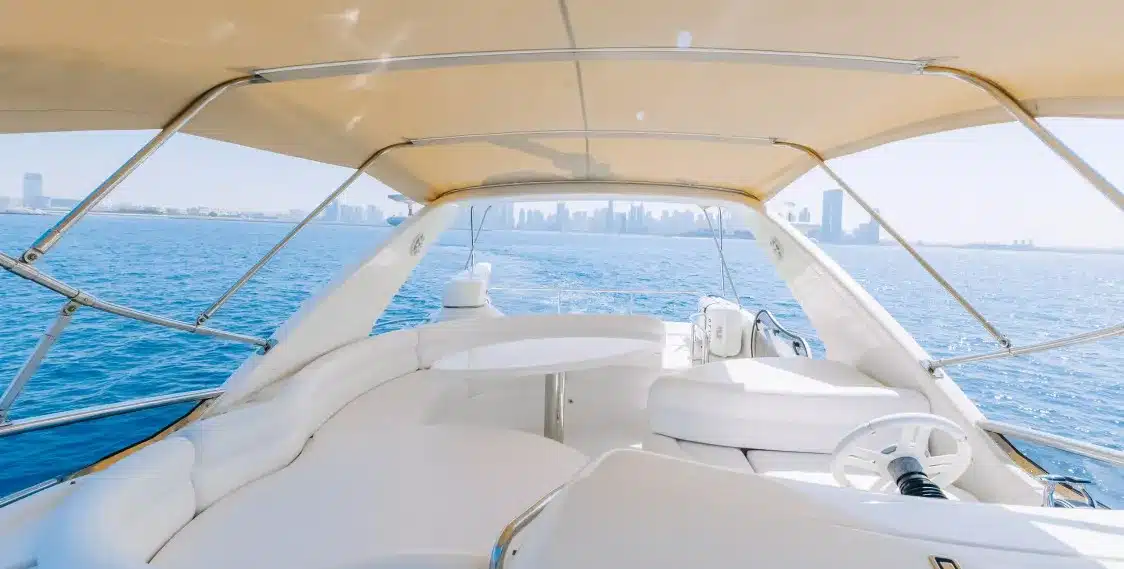 Bliss 55 yacht flybridge seating area with Dubai sea view
