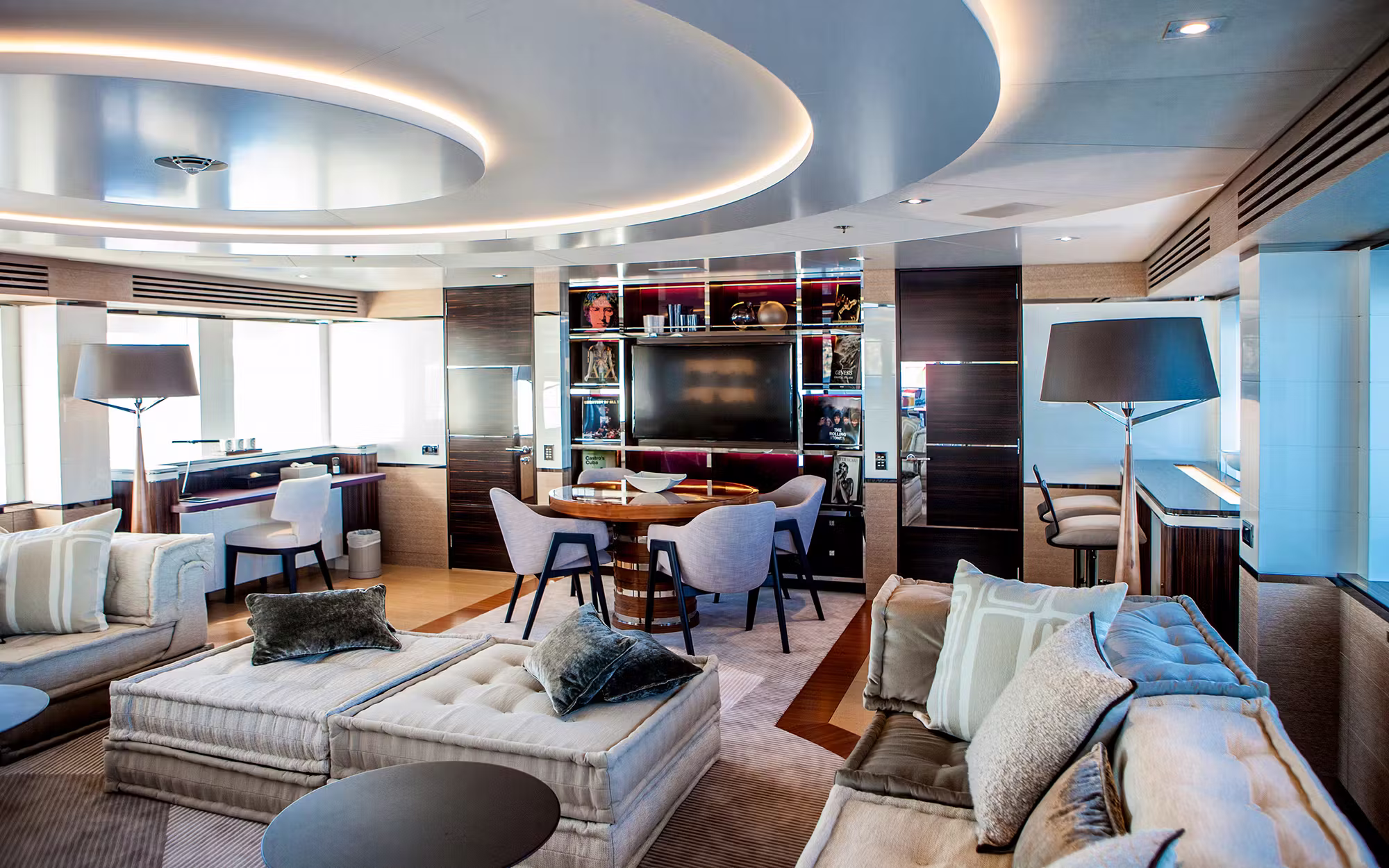 Modern yacht interior entertainment and lounge area on Sofiya 153