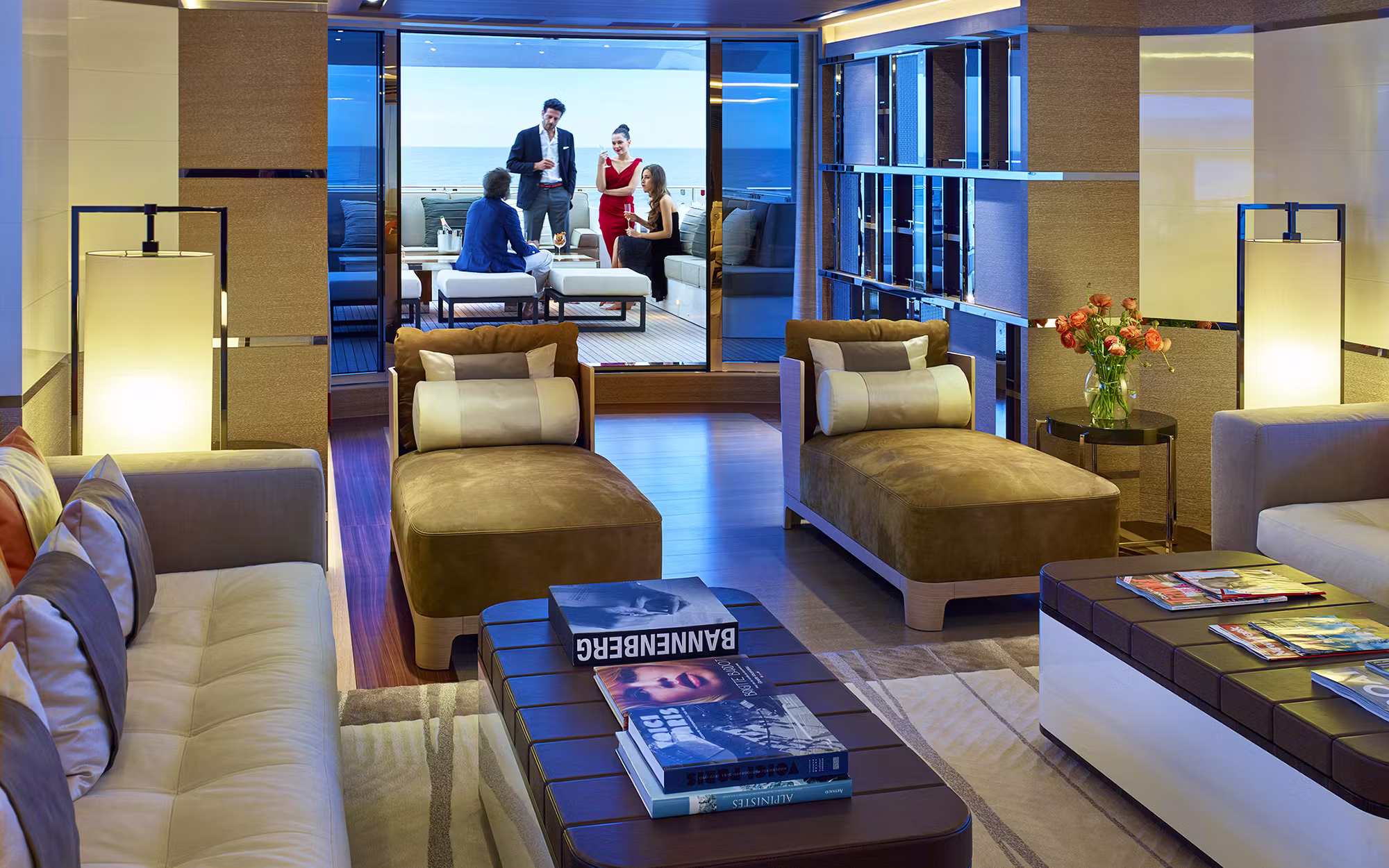 Stylish yacht interior lounge seating on Sofiya 153