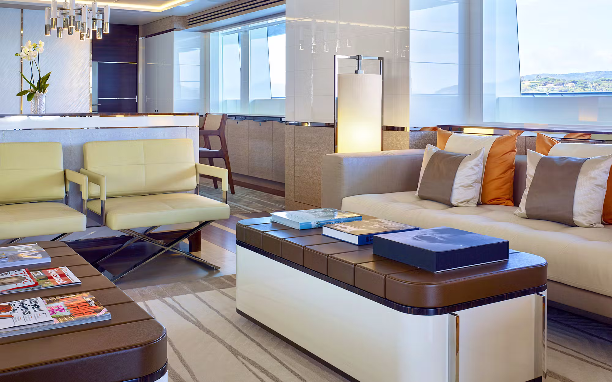 Bright luxury yacht lounge with panoramic windows on Sofiya 153
