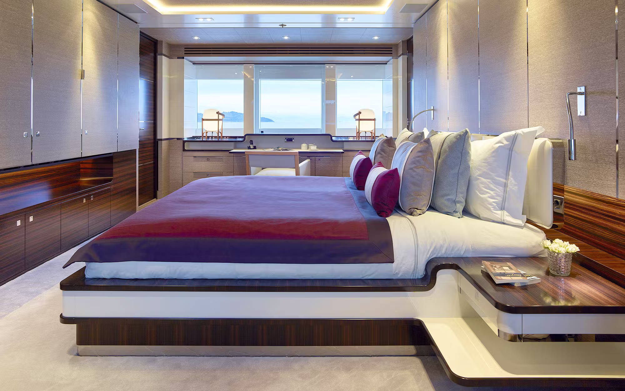 Master bedroom cabin with large windows on Sofiya 153 yacht