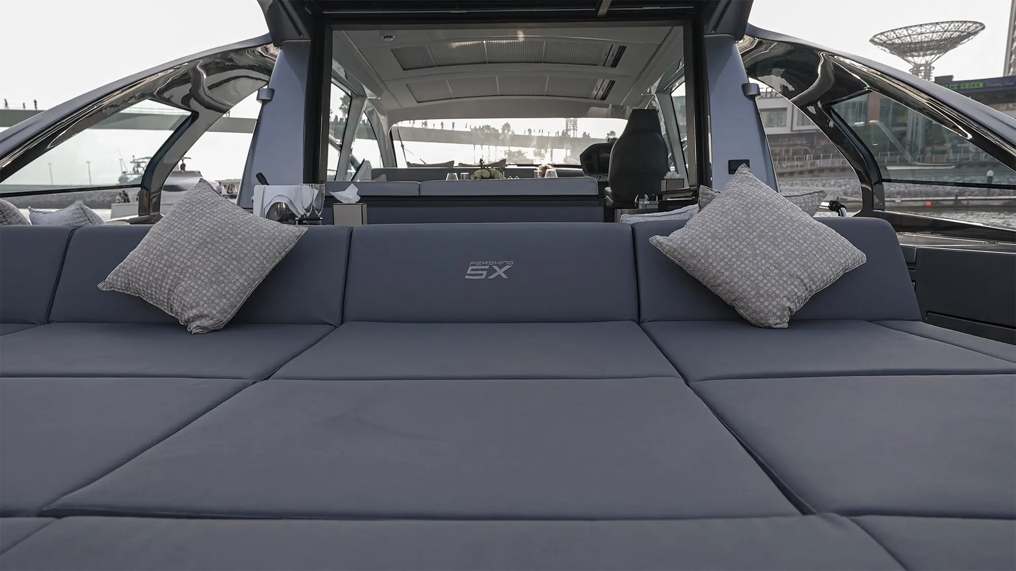 Aft sunpad lounge aboard the Pershing 5X