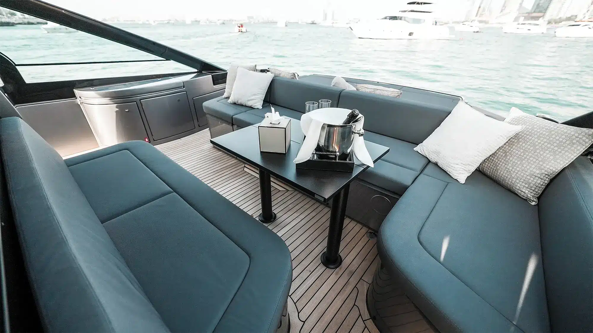 Cockpit lounge seating with sea views, Pershing 5X