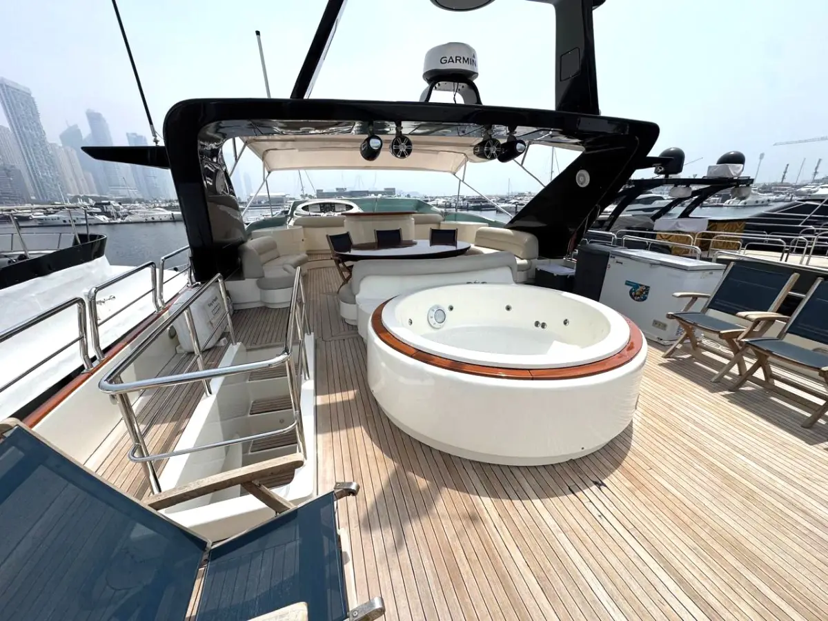 Azimut 100 Jumbo flybridge jacuzzi on the open teak deck