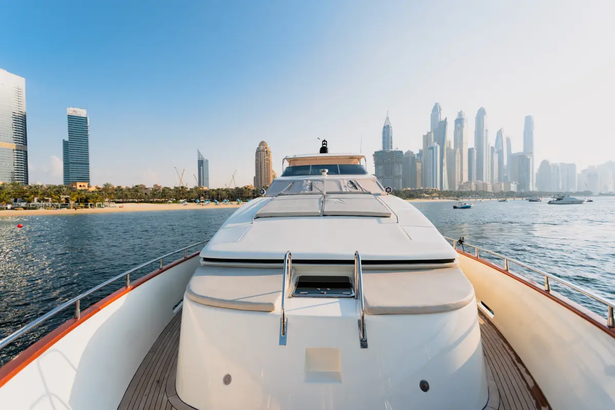 Azimut 100 Jumbo foredeck sunpad facing the Dubai skyline
