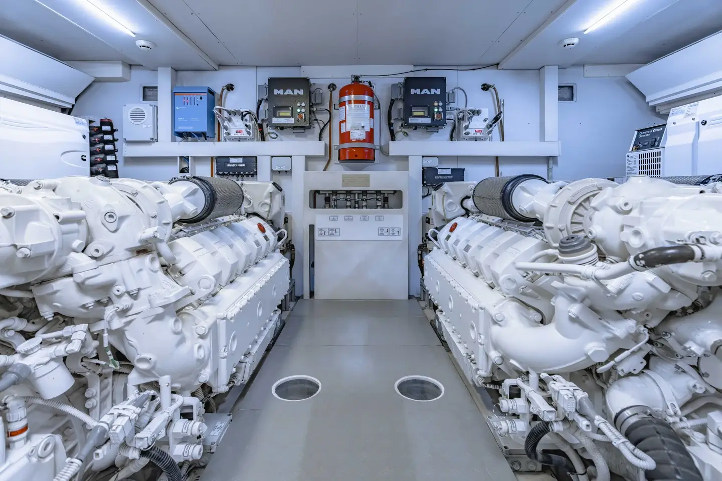 Ferretti 780 engine room with twin MAN V12 engines and service access
