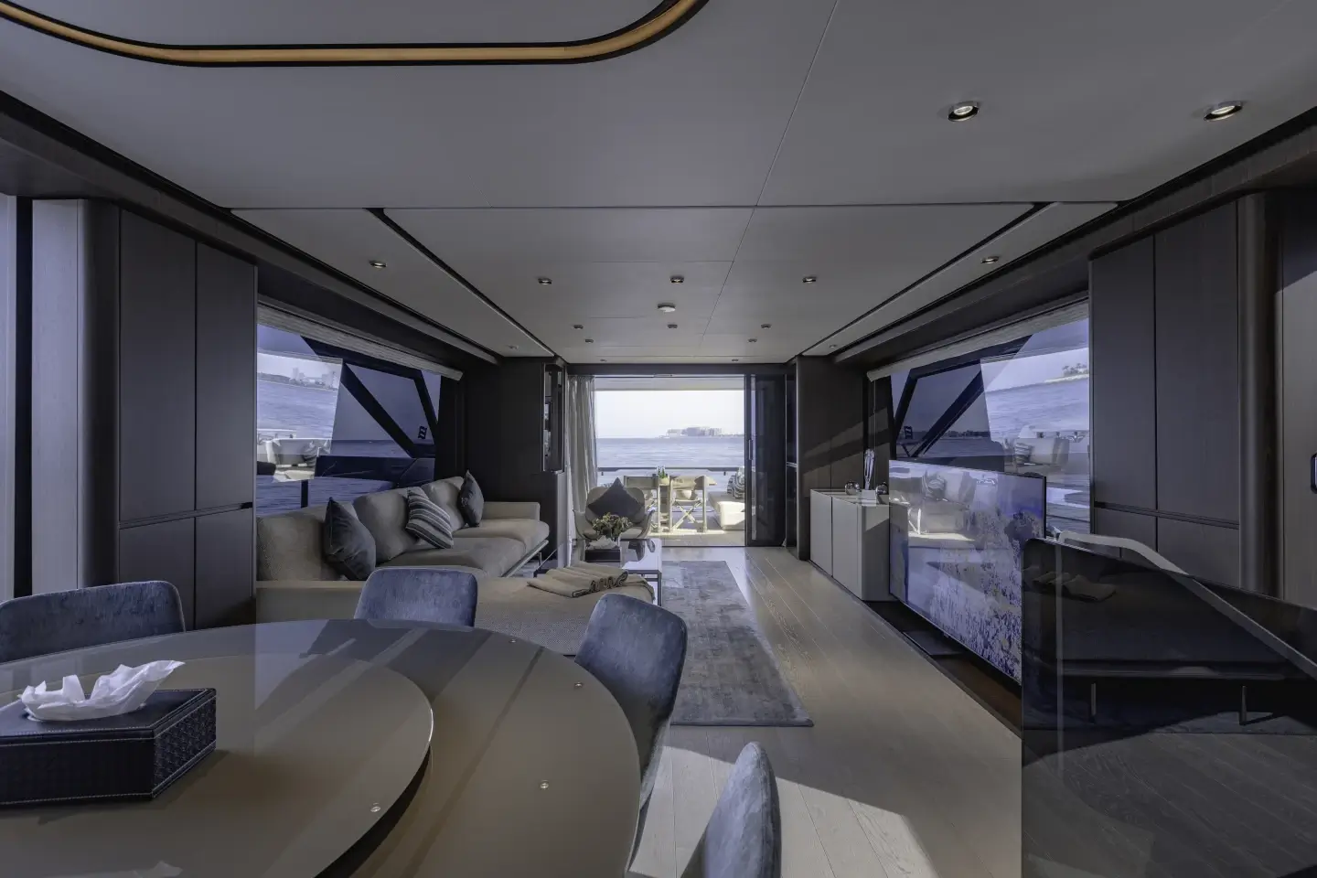 Main saloon in evening light on the Ferretti 860