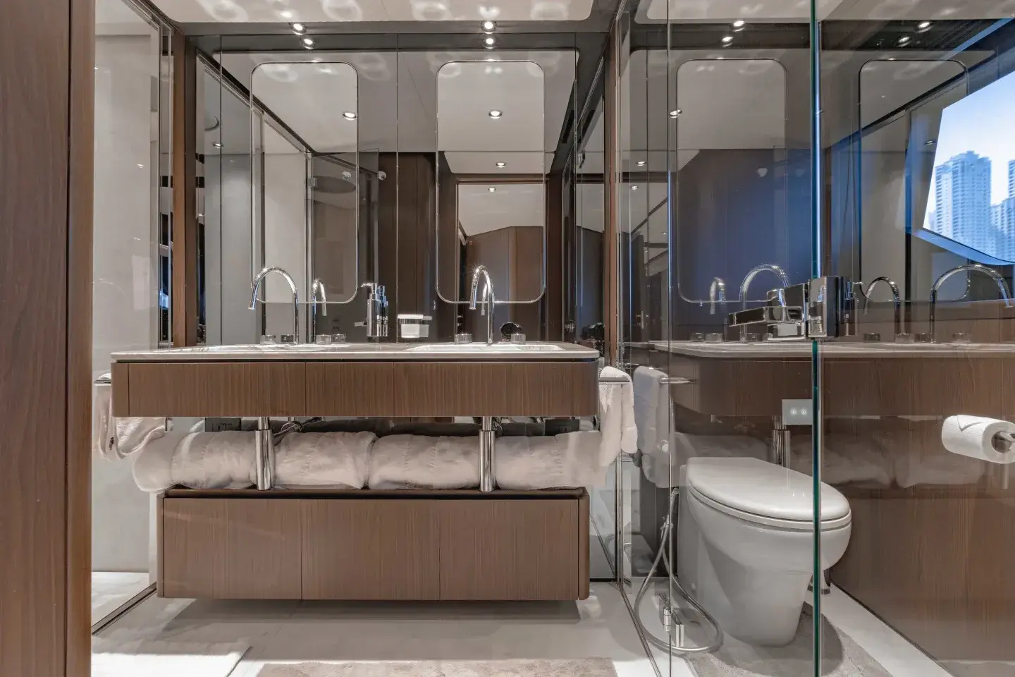 Ferretti 860 master ensuite with twin basins and walk-in shower