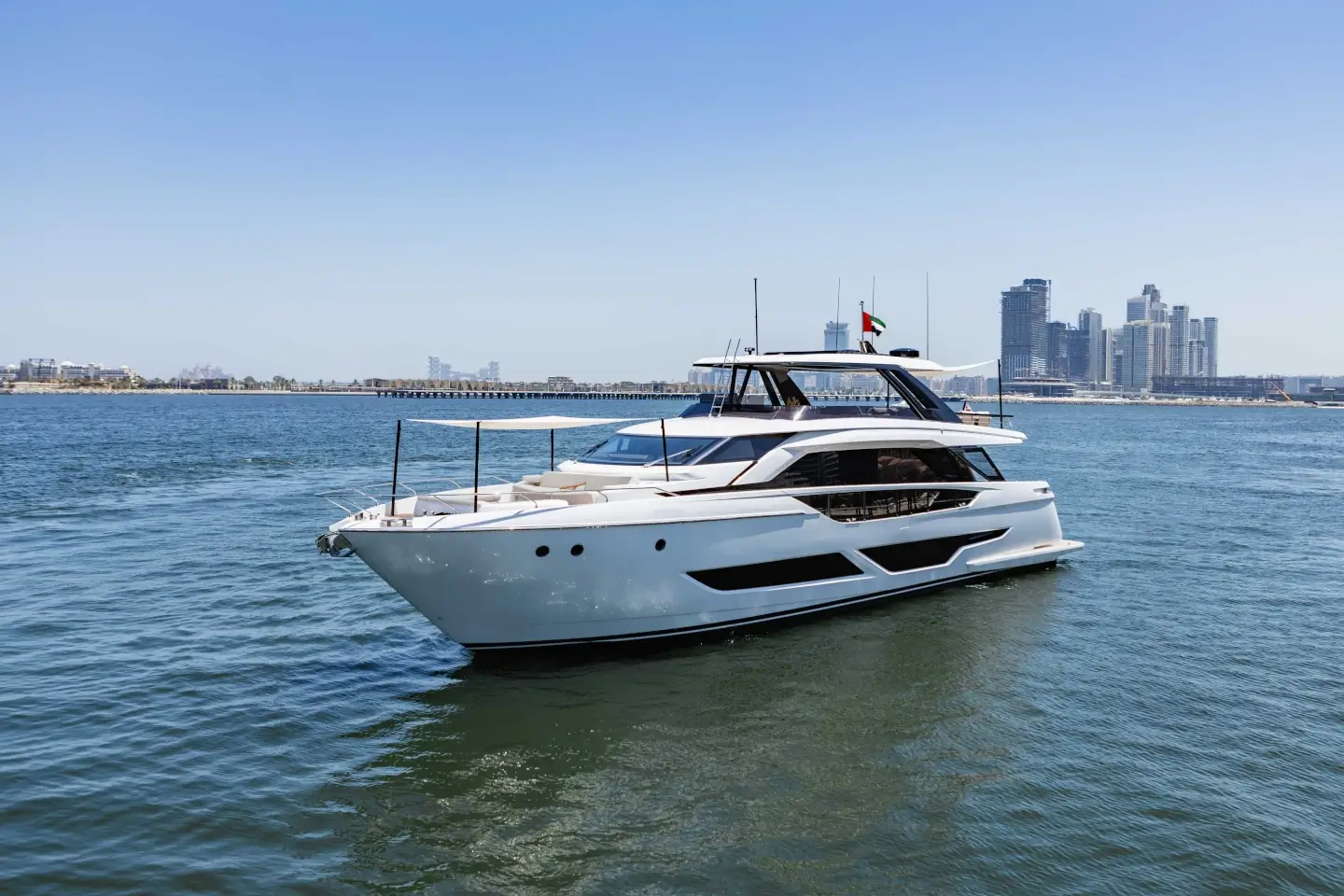 Ferretti 860 starboard profile with the Dubai Marina skyline