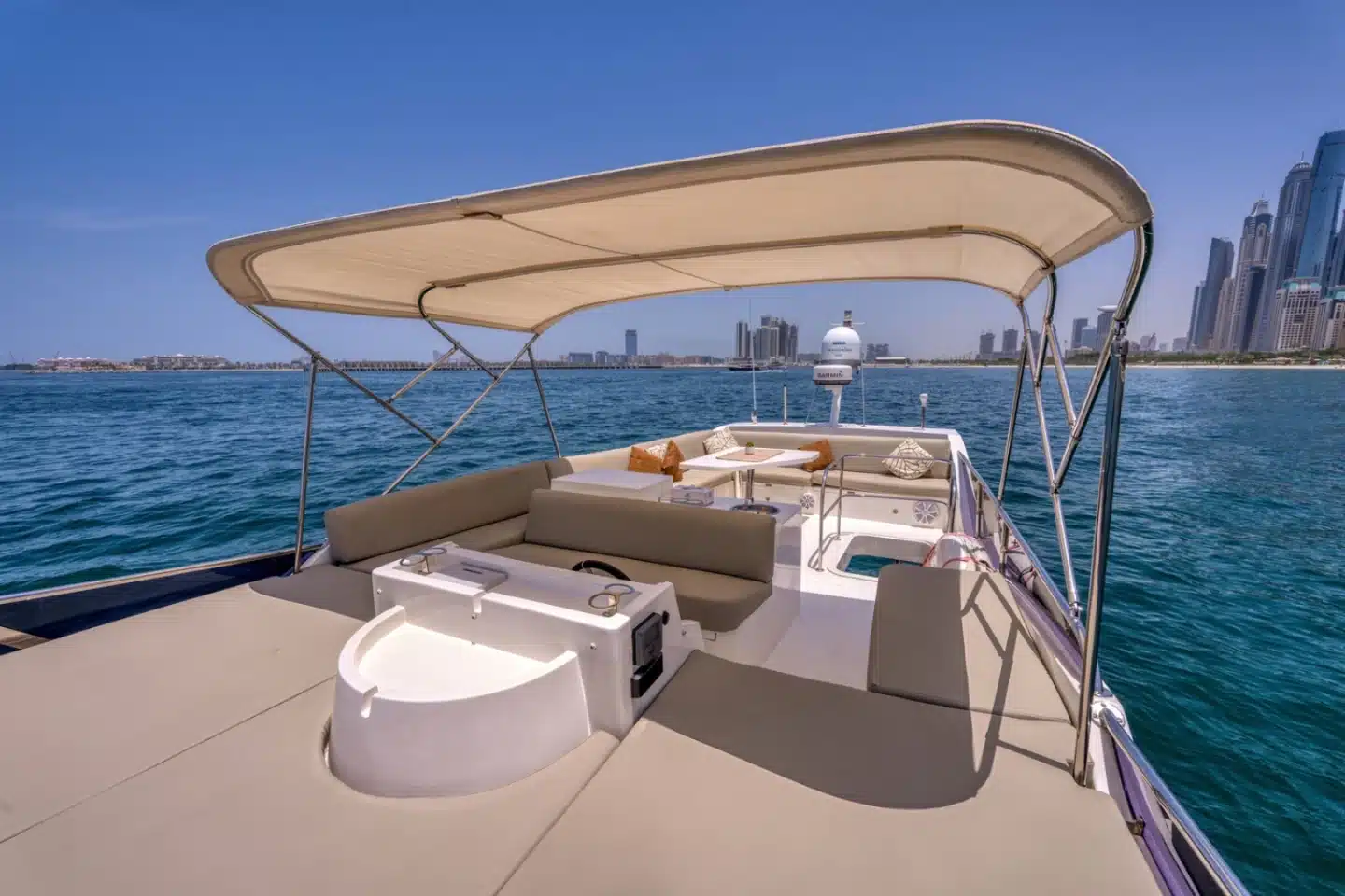 Anna 50 yacht flybridge seating with Dubai skyline view