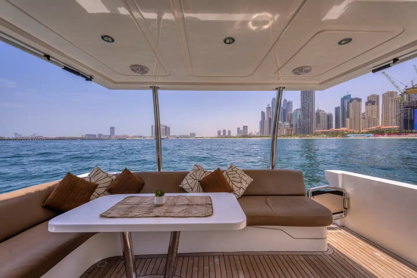 Anna 50 yacht aft deck dining with Marina view