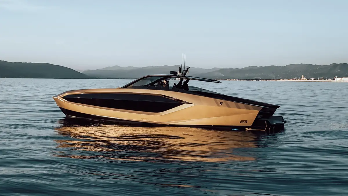 Lamborghini 63 Gold sports yacht on the water