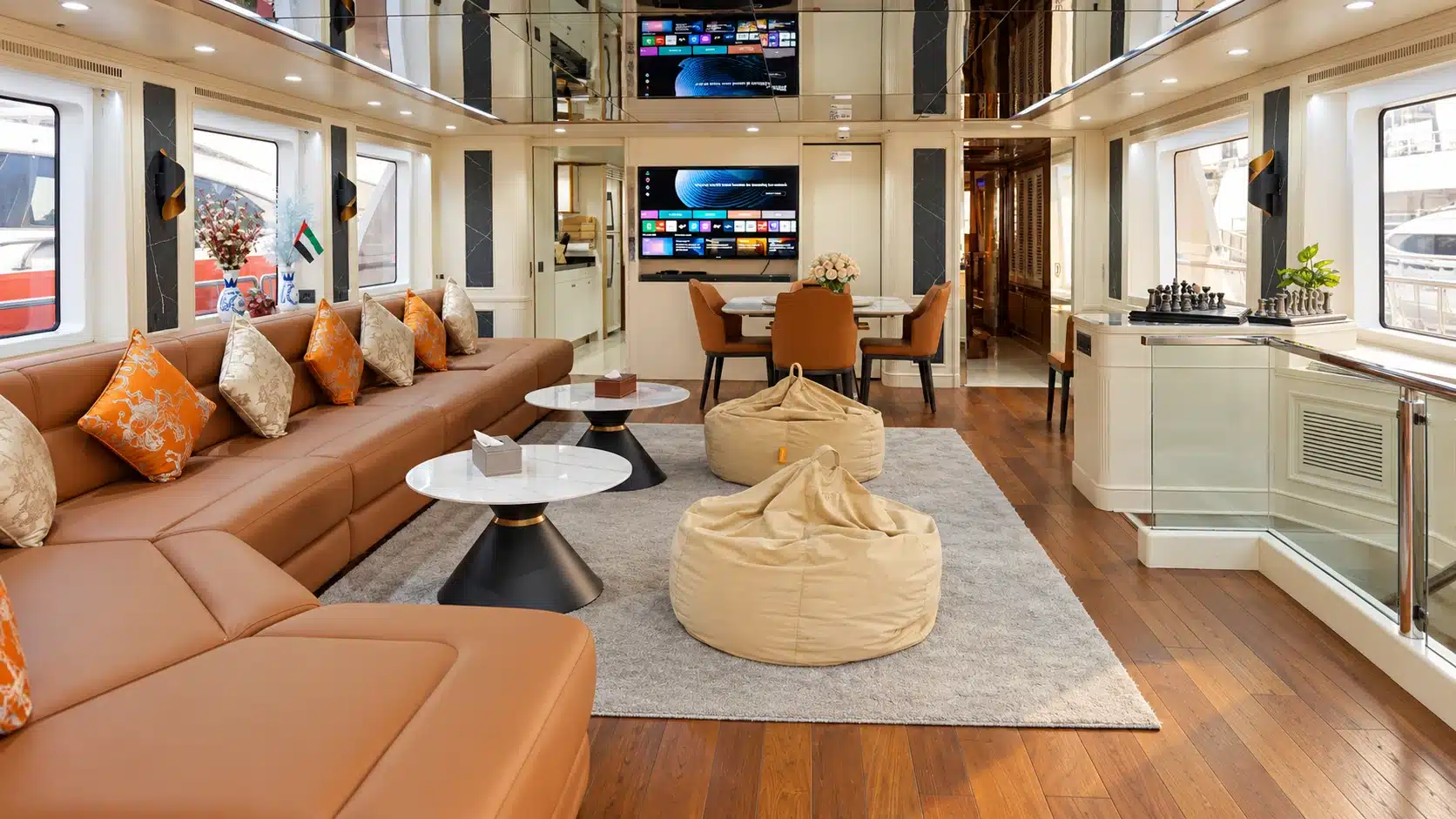 Benetti 120 yacht main salon with lounge seating