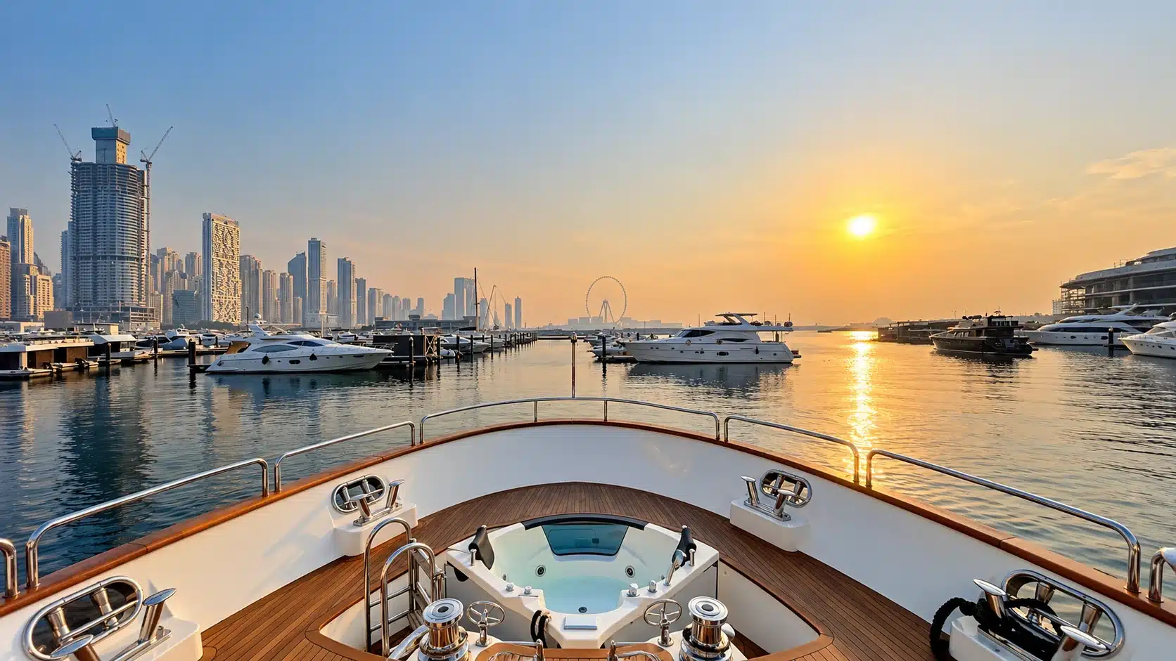 Benetti 120 yacht bow jacuzzi overlooking the marina at sunset