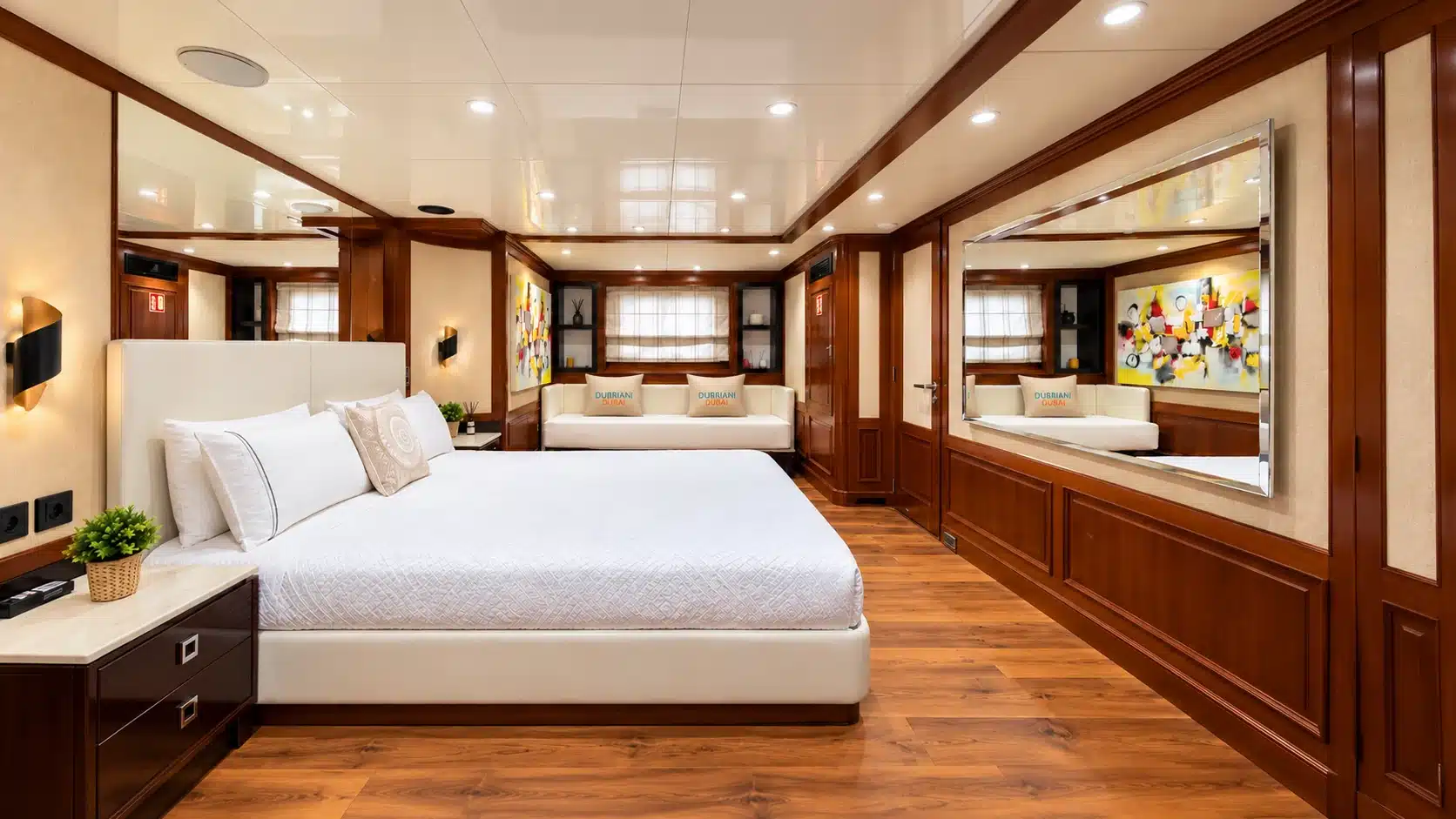 Benetti 120 yacht wood-panelled guest cabin