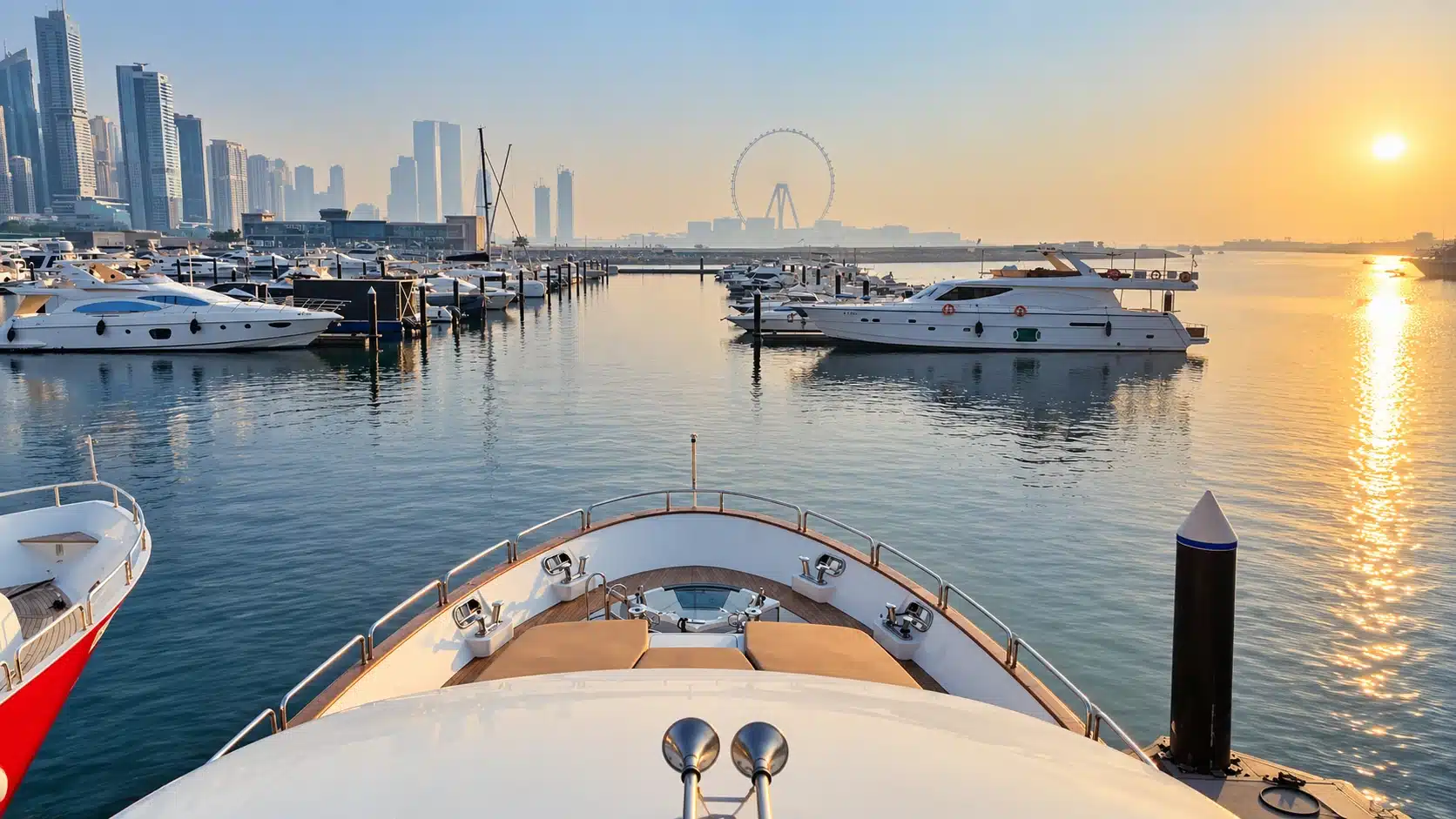 Benetti 120 yacht forward deck overlooking Dubai Marina at sunset