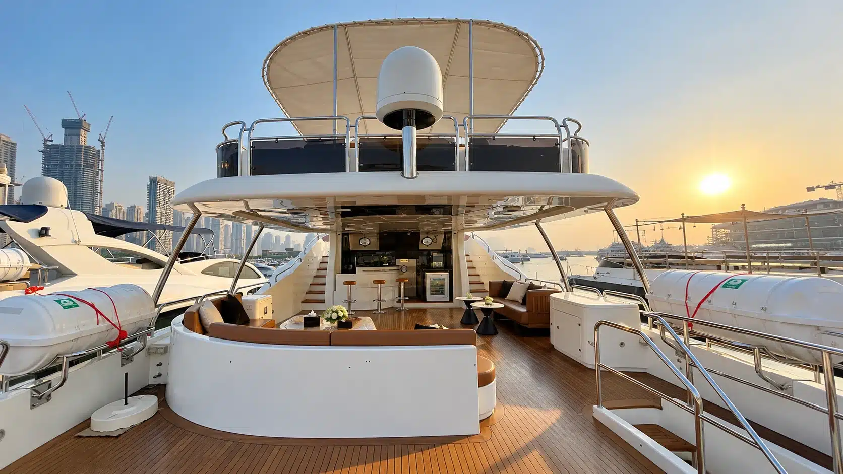 Benetti 120 yacht upper aft deck exterior at sunset