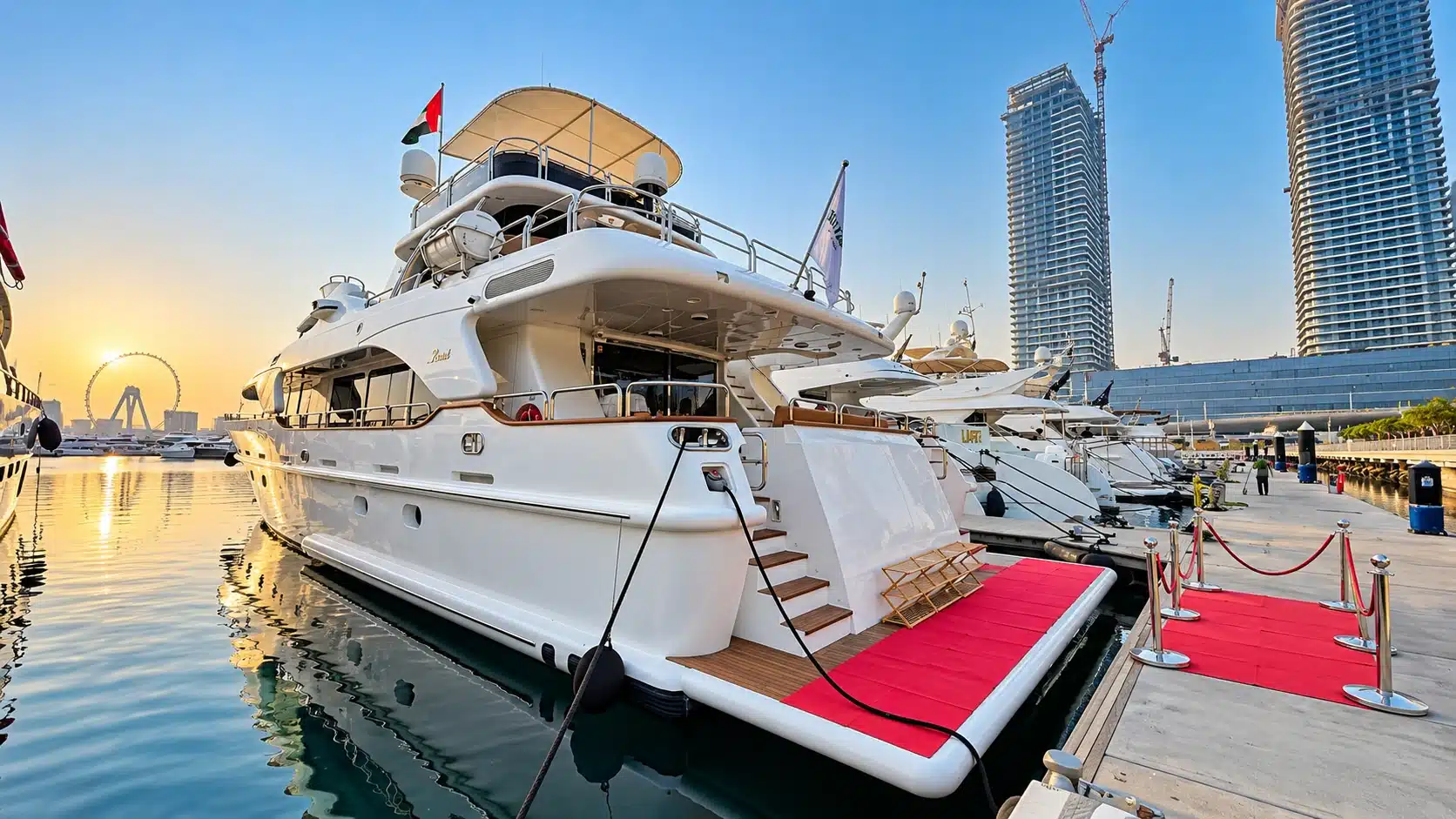 Benetti 120 yacht stern quarter view at sunset